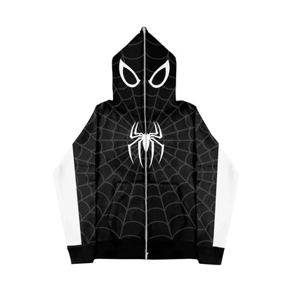 Y2K Spider Web Zip-Up Hoodie – Red Foam Print Sweatshirt