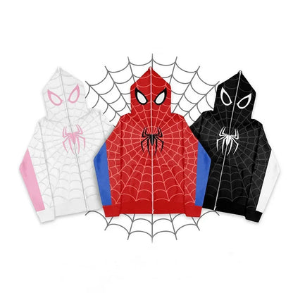 Y2K Spider Web Zip-Up Hoodie – Red Foam Print Sweatshirt