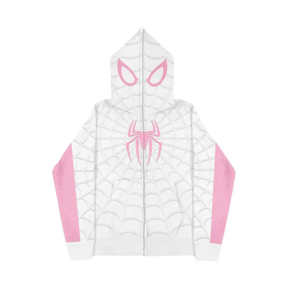 Y2K Spider Web Zip-Up Hoodie – Red Foam Print Sweatshirt