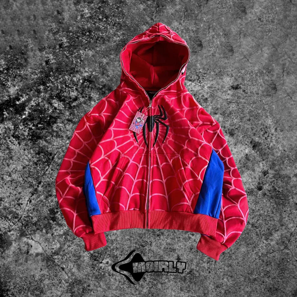 Y2K Spider Web Zip-Up Hoodie – Red Foam Print Sweatshirt