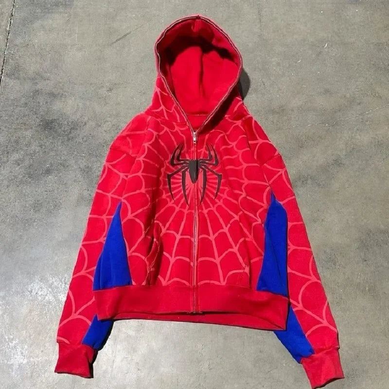 Y2K Spider Web Zip-Up Hoodie – Red Foam Print Sweatshirt